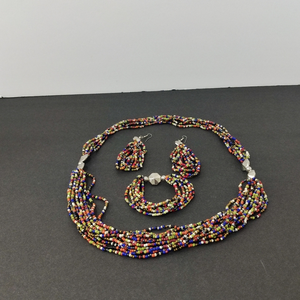 Multi Color Seed Beaded Earrings, Stretchable Bracelet and Multi Strand Necklace